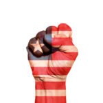 Man hand fist of Liberia flag painted, fist flag, Strength, Power, Protest concept.