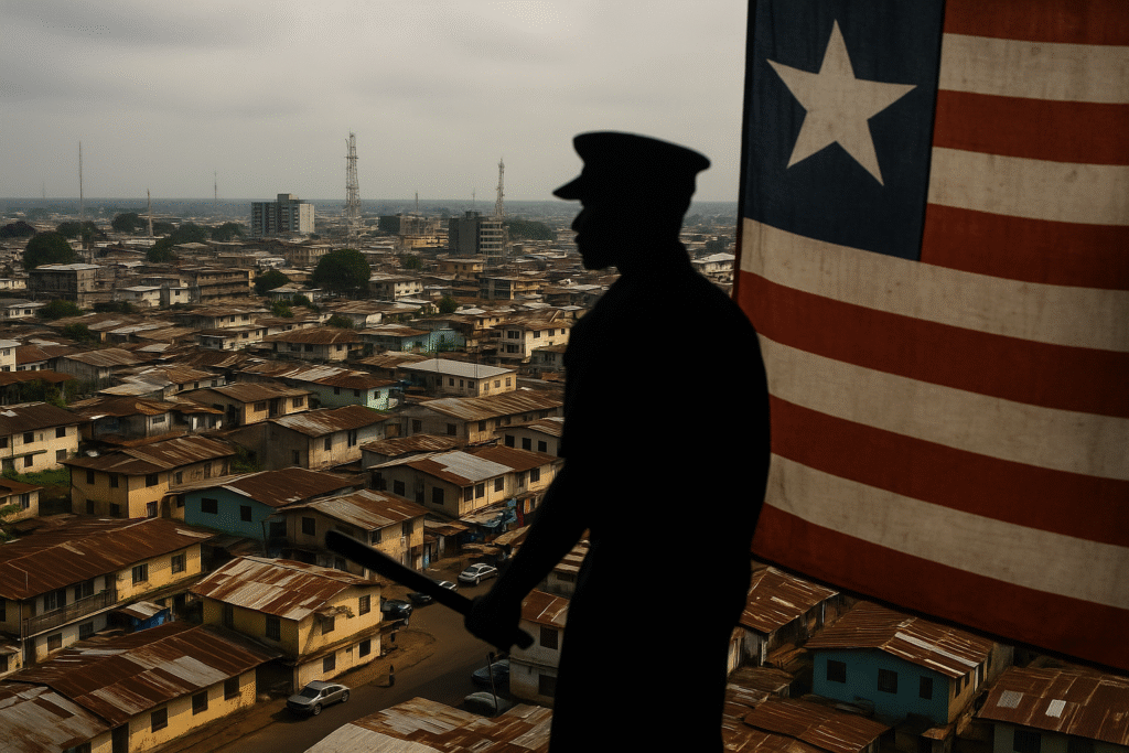 Sihouette image of a Police Officer overlooking the city of Monrovia