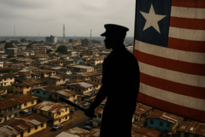 Sihouette image of a Police Officer overlooking the city of Monrovia